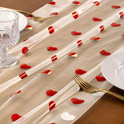 Socomi Valentine's Day Red Heart Table Runner Gauze Sheer Romantic Sequin 10FT Glitter Metallic Foil Dining Wedding Birthday Party Baby Shower Holiday Centerpiece Table Decor 3pcs Beige