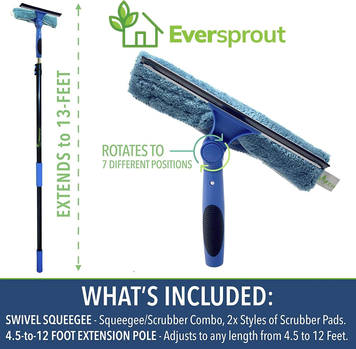 EVERSPROUT 5-to-12 Foot Swivel Squeegee & Microfiber Glass Window Scrubber, Window Squeegee & Window Cleaning Kit, Light-Weight Window Washing Kit with Extension Pole, Squeegee for Window Cleaning