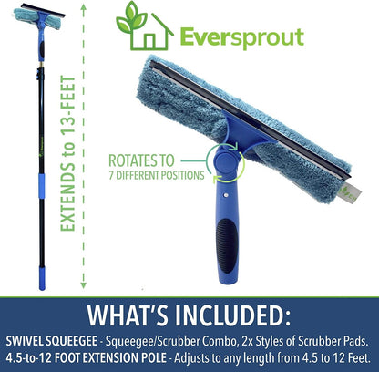 EVERSPROUT 5-to-12 Foot Swivel Squeegee & Microfiber Glass Window Scrubber, Window Squeegee & Window Cleaning Kit, Light-Weight Window Washing Kit with Extension Pole, Squeegee for Window Cleaning