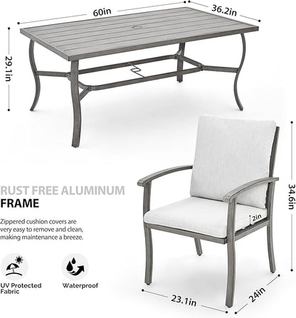 HAPPATIO 7 Piece Patio Dining Set, Aluminum Outdoor Dining Set for 6, Aluminum Dining Table and Chairs Set, Patio Furniture with Table, Chairs and Washable Cushions (Gray)