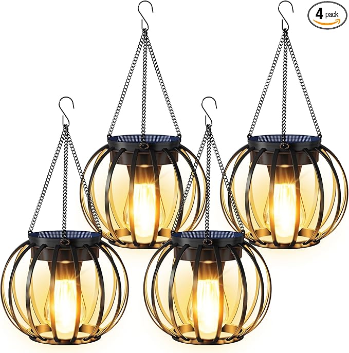 Solar Lanterns Outdoor Waterproof 4 Pack, Upgraded Metal Hanging Solar Lights for Outside with Auto On/Off & Hook - Brighter Hanging Outdoor Lanterns Decorative Lighting for Garden Patio Yard
