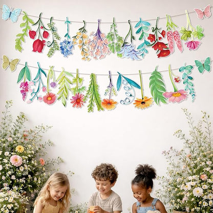Wildflower Butterfly Party Garland Wedding Party Banner Decorations for Spring Garden Tea Party Birthday Wedding Bridal Baby Shower Supplies
