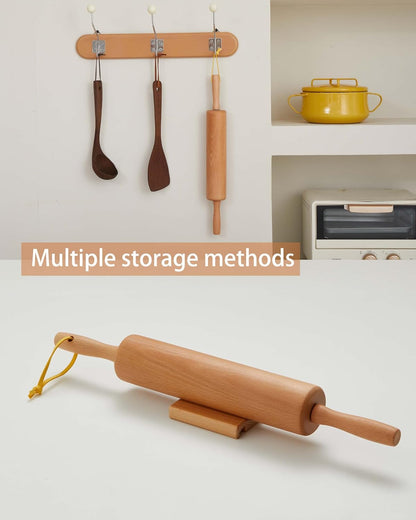 Classic Wood Rolling Pin, 17" Rolling Pins for Baking with Silicone Mat and Adjustable Thickness Rings, Pasta Roller with Wood Base