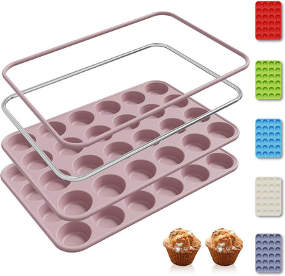 2 Pack 24 Cups Mini Muffin Pan with Metal Reinforced Frame Silicone Molds Cake Pans Egg Bites Silicone Circle Cookie Molds Muffin Tin Tart Pans Non
