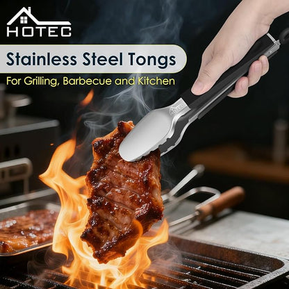 Hotec Stainless Steel Kitchen Tongs, Set of 2-9" and 12", Locking Metal Food Tongs for Cooking, Serving, BBQ, Grill Non-Slip Grip