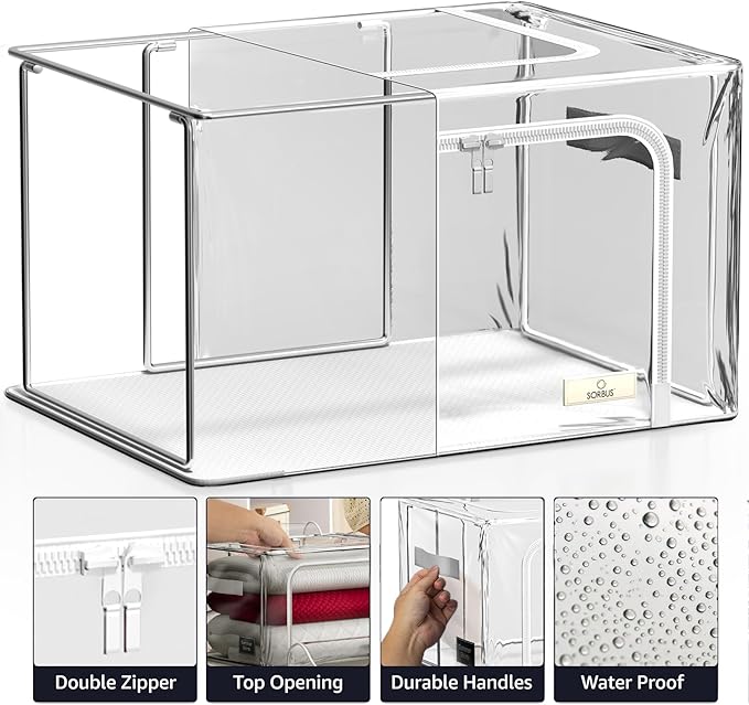 Sorbus Storage Bins with Metal Frame - Stackable & Foldable Clothes Organizer Bags - Clear Soft Plastic Storage Containers (4 Pack, Medium)