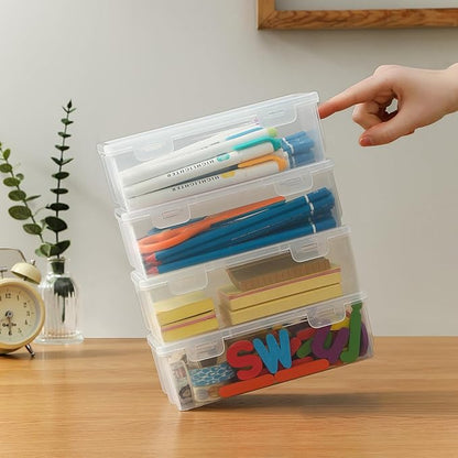 Clear Translucent Pencil Cases and Pencil Boxes, 8-Pack Stackable Plastic Pencil Box with Snap Lid – Large Marker Organizer for Art Supplies and Desk Organization – Rectangular Large