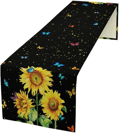 Farmhouse Sunflower Table Runner, Black Starry Spring Yellow Flowers Botanical Butterfly Table Runners for Dining Kitchen Holiday Party Table Decor, 13x36inch
