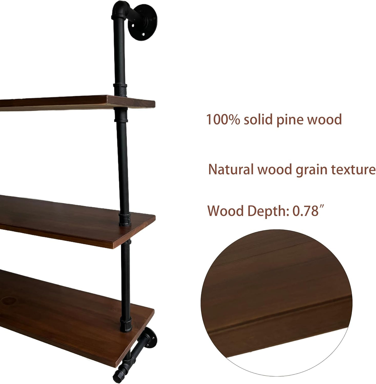 Industrial Pipe Wall Shelves Pipe Shelving with Real Wood Plank,60 Inches Floating Shelves for Wall Farmhouse Pipe Book Shelves Dark Brown 2 Tier for