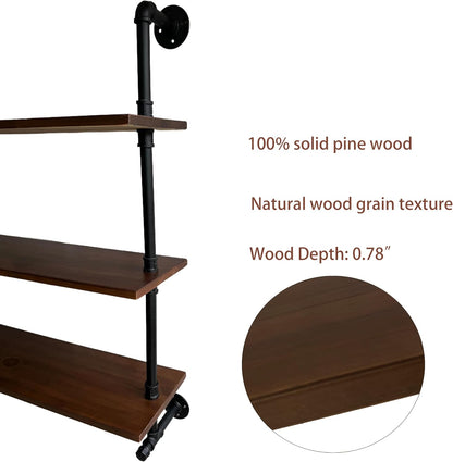 Industrial Pipe Wall Shelves Pipe Shelving with Real Wood Plank,60 Inches Floating Shelves for Wall Farmhouse Pipe Book Shelves Dark Brown 2 Tier for