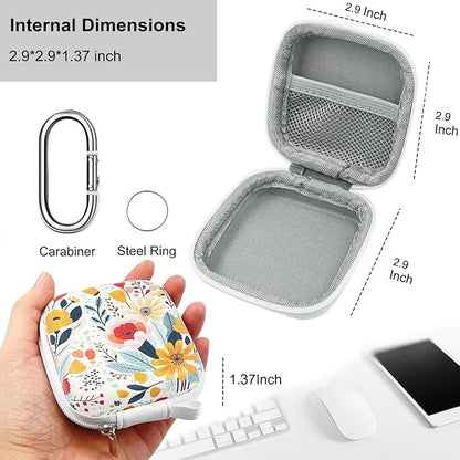 Square Earbud Case Headphone Organizer Ear Bud Case Portable EVA Carrying Box Storage Bag with Carabiner for AirPods Beats Bose Galaxy Buds 3 Data Cable Storage (Blooming Floral)