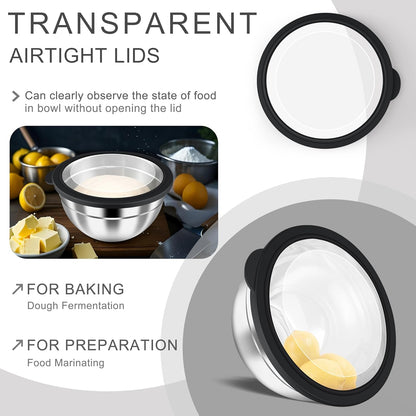 HaWare Mixing Bowls with Airtight Clear Lids, 6-Piece Stainless Steel Strong Nesting Bowls Set, Metal Salad Bowl for Cooking, Prepping, Baking