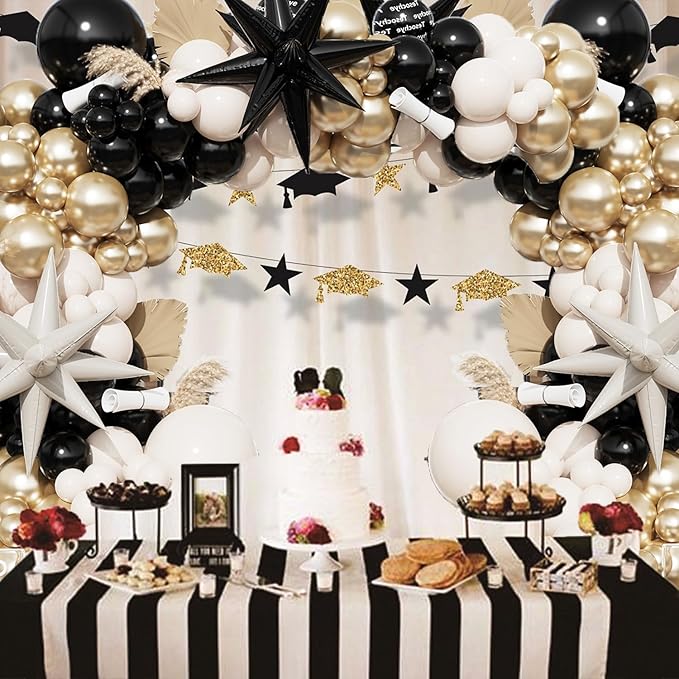 Black And Gold Balloon Arch Kit,Sand White Chrome Gold Balloons with Exploding Star Foil Balloons for New Year Decorations Graduation Retirement Adult Birthday Party Wedding Decor