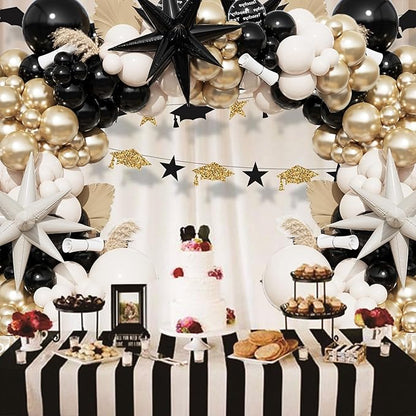 Black And Gold Balloon Arch Kit,Sand White Chrome Gold Balloons with Exploding Star Foil Balloons for New Year Decorations Graduation Retirement Adult Birthday Party Wedding Decor