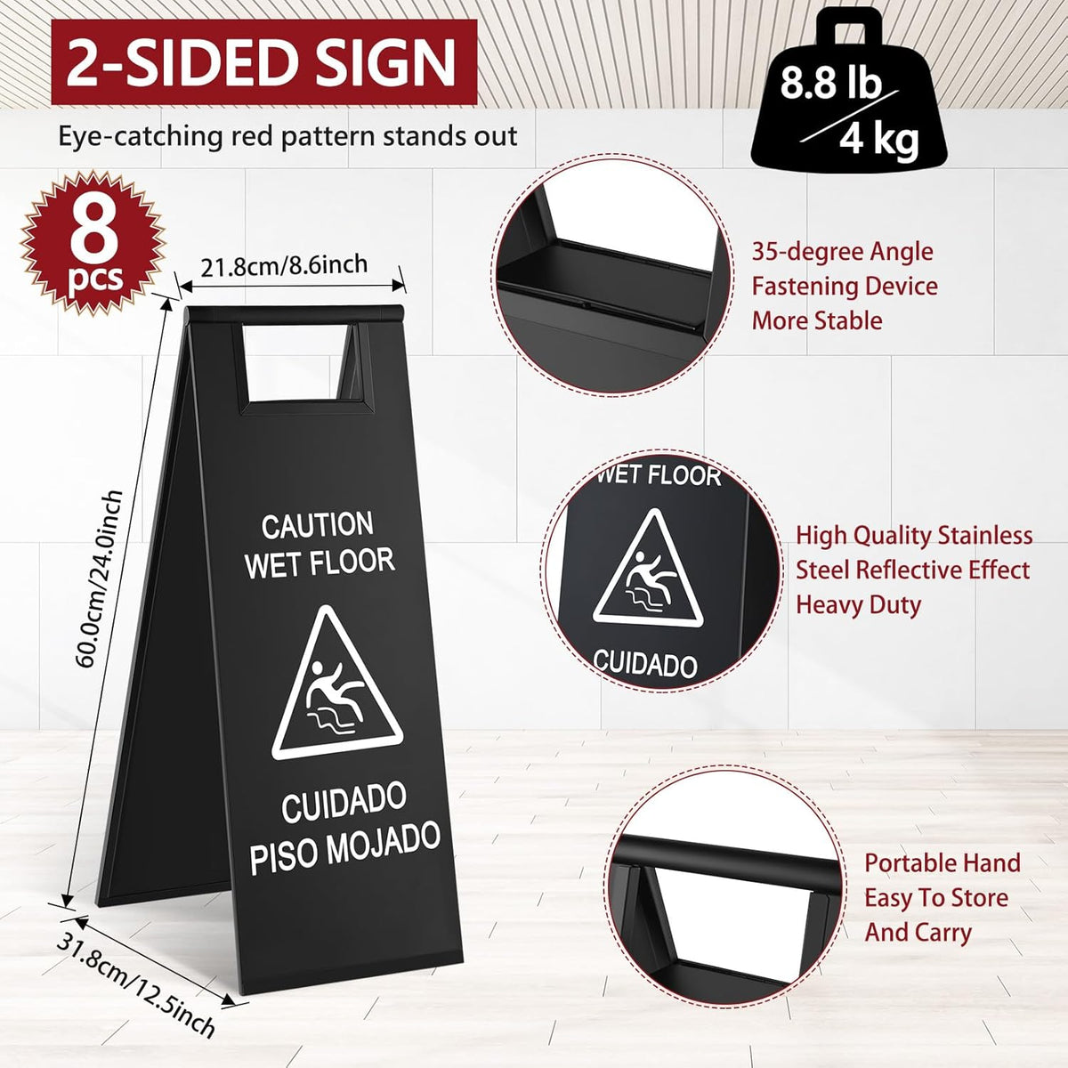 8 Pcs 24 Inch Stainless Steel Wet Floor Sign 8.8 Pound Caution Wet Floor Sign Bulk Double Sided Portable Foldable Bilingual Safety Warning for Kitchen Restaurant Restroom Avoid Fall(Black)