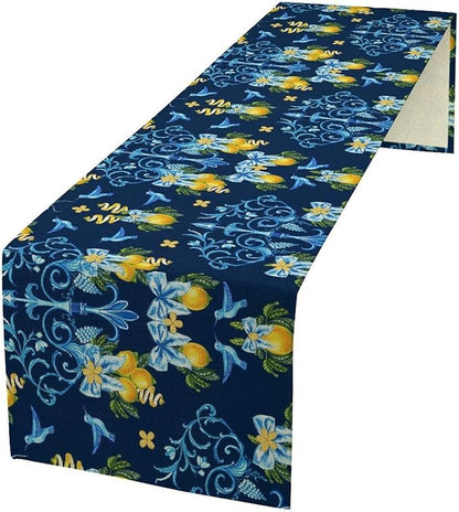 Lemon Fruit Table Runner Nature Bow Farmhouse Talavera Ethnic Folk Rustic Birds Aesthetic Dining Table Decoration for Home Holiday Party Dresser Kitchen Cabin Restaurant Wedding Decor 13×70in