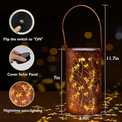 Homemory Dragonflies Solar Lanterns Outdoor Waterproof, Birthday Gifts for Women Mom Grandma, LED Solar Lights Metal Decoration Outside for Yard, Patio, Backyard, Porch, Lawn