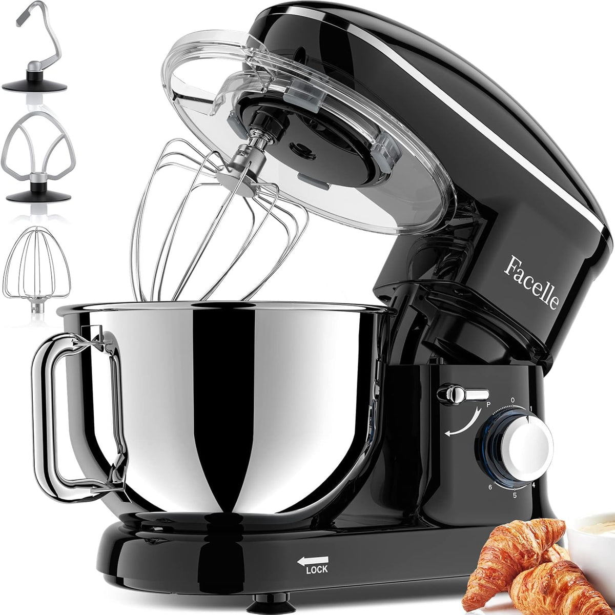 Facelle Stand Mixer, 660W 6 Speed Electric Kitchen Mixer with Pulse Button, Attachments include 6.5QT Bowl, Dishwasher Safe Beater,Dough Hook