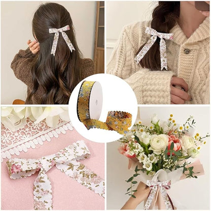20 Yards Flower Print Ribbon White Spring Summer Floral Pattern Polyester Ribbon Vintage Wavy Edge Ribbons Bulk with Spool for Sewing Making Craft Bouquet Home Decor Wedding DIY Christmas