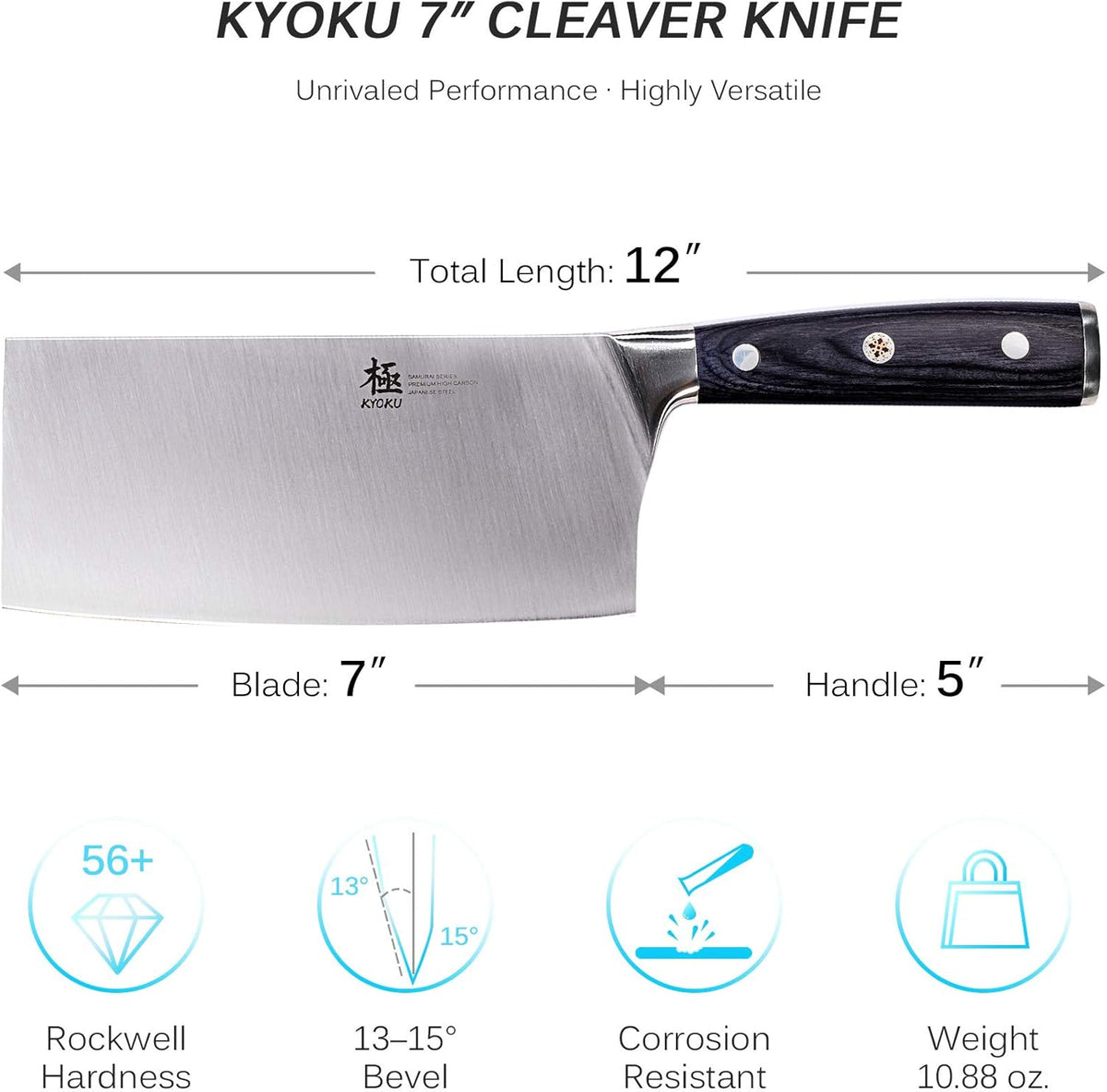 Kyoku Samurai Series - 7" Cleaver Knife - Full Tang - Japanese High Carbon Steel Kitchen Knives - Pakkawood Handle with Mosaic Pin