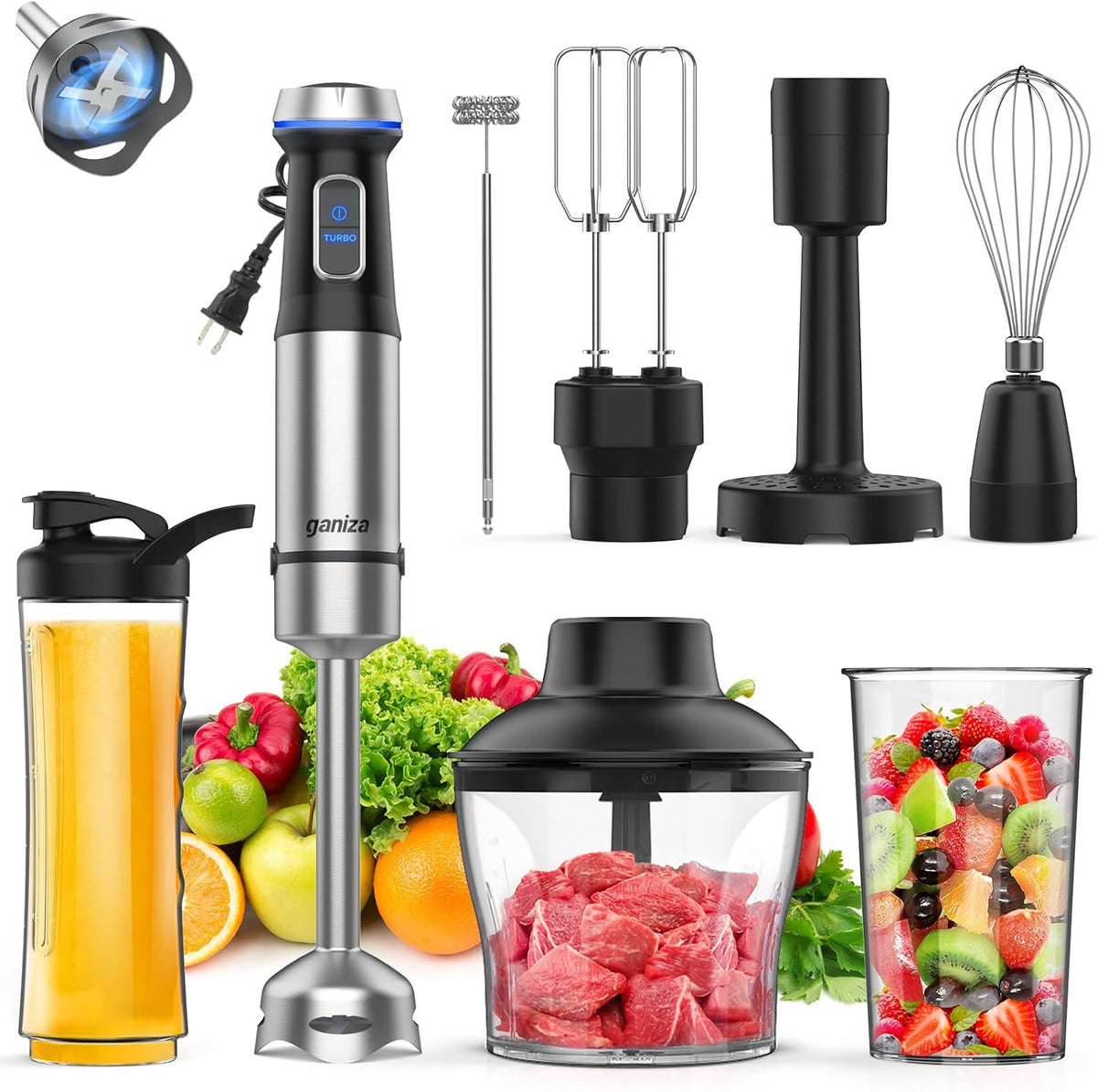 Ganiza 8 in 1 Immersion Blender - 1000W Heavy Duty Motor, 16 Speed Mode Handheld Blender With Stainless Steel Shaft - Includes 8 Total Pieces