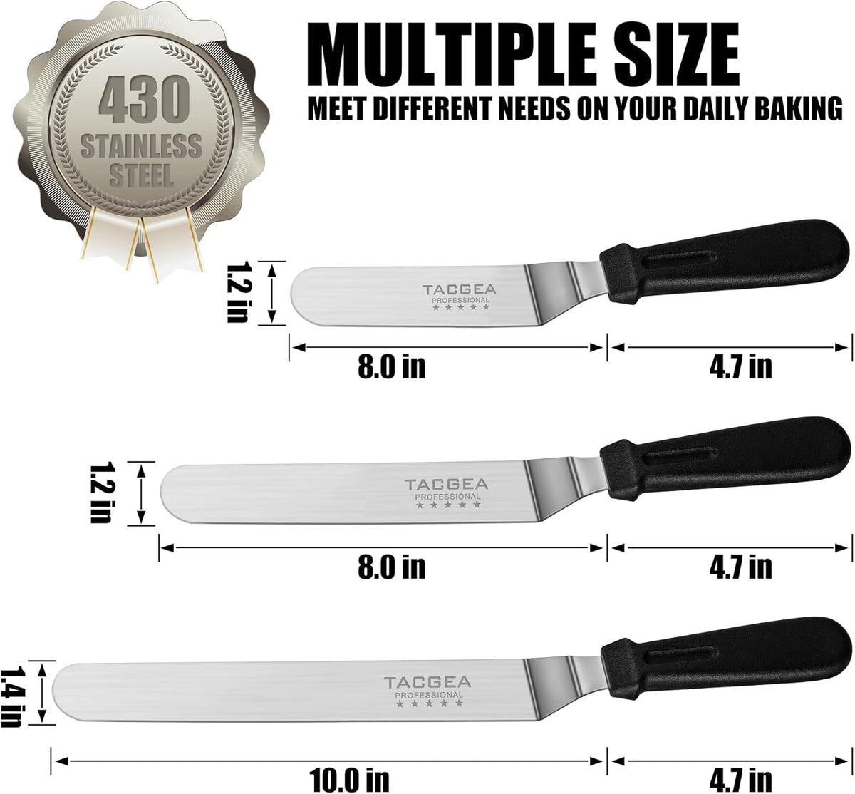 Tacgea Icing Spatula, Angled Offset Cake Spatula with 6", 8", 10" Stainless Steel Blade Set of 3
