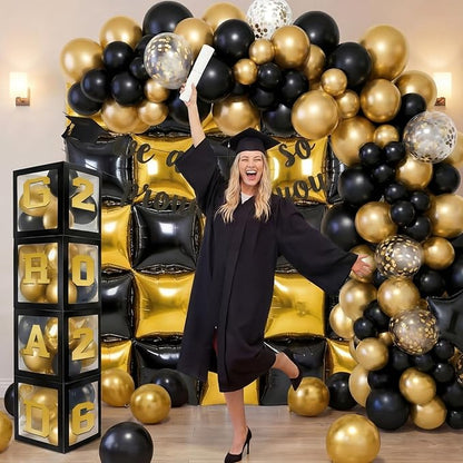 Seenelling Yellow Black 133 Pcs Graduation Decorations 2026 Set Black Gold Balloons Boxes with Letters 2026 Grad Square Foil Balloons Complete Party Supplies for High School College Celebrations
