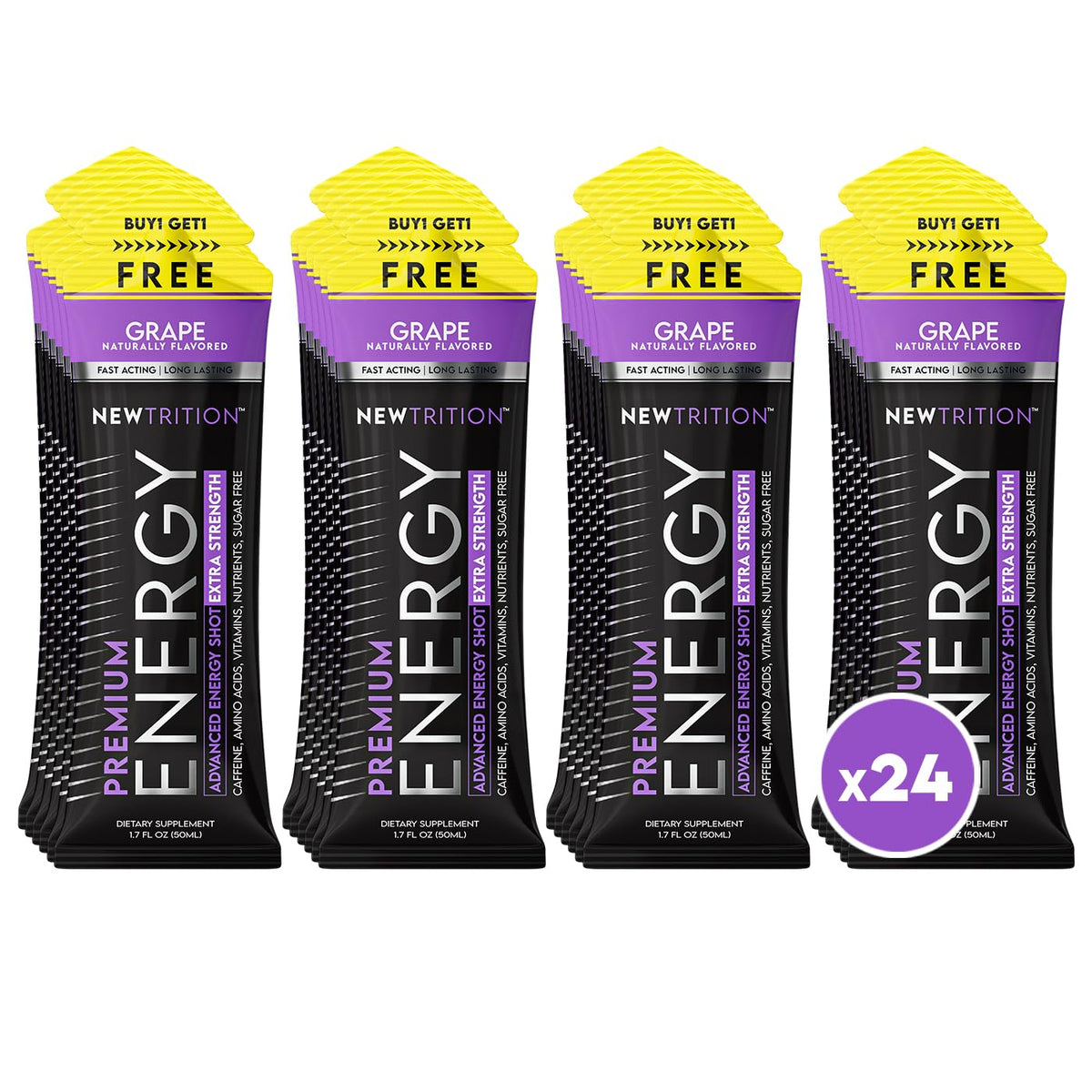 NewTrition® Extra Strength Energy Shots, 250mg Caffeine Energy Shots with Vitamin B & Amino Acids, Sugar-Free Vitamin Energy Shot, 1.7 fl oz (Pack of 24, Grape)