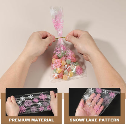 uxcell 100pcs Snowflake Treat Bags, Cookie Bags with Twist Ties for Candy Package Christmas Holiday Winter Party Favors, White