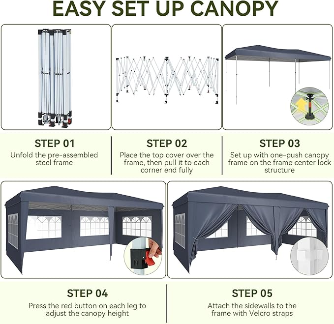 Aoxun 10x20 Pop Up Canopy Tent with 6 Removable Sidewalls, One Push Party Tent Waterproof Outdoor Canopy with 3 Adjustable Height, Portable Tents for Parties, Wedding, Commercial, Market