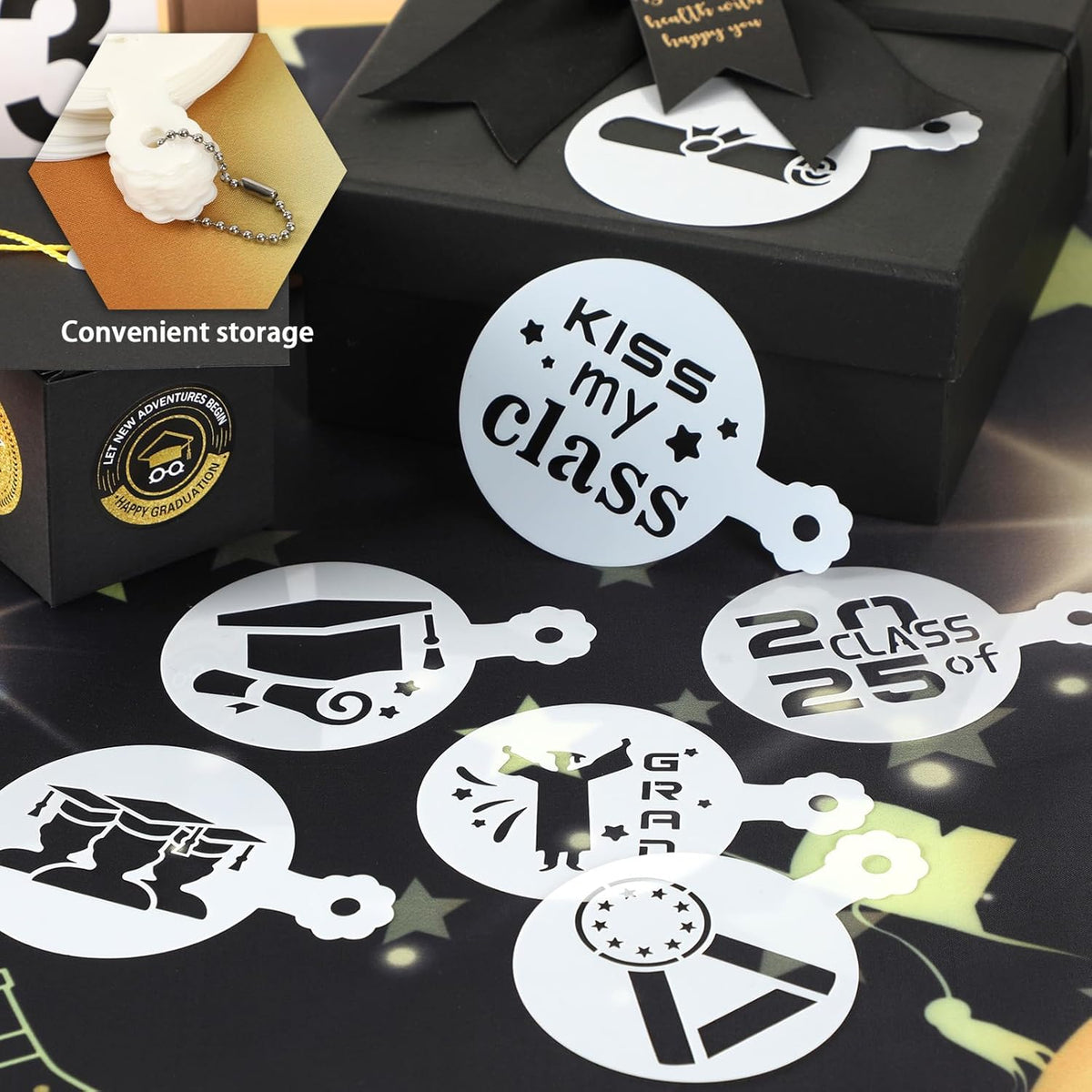 Julbear Graduation Cookie Stencils, 36 Pieces Class of 2025 Reusable Coffee Decoration Stencils Templates Tools for Cookies Baking Painting Dessert