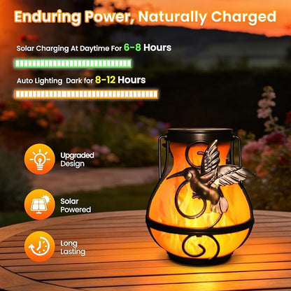 2 Pack Solar Lanterns Outdoor Waterproof Flickering Flame Light Hummingbird Hanging Solar Powered Lantern for Yard Patio Porch Outdoor Garden Decor Women Friend Teachers Appreciation Gifts