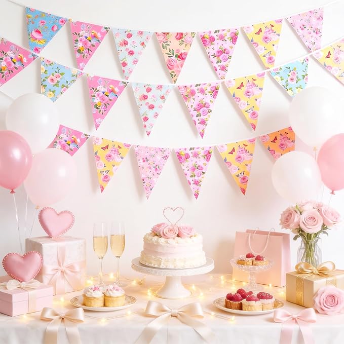 G2PLUS Floral Tea Party Banner, 39Ft Pre-Strung Flower Bunting Garland, Double Sided Paper Pennant Banner Garland for Birthday, Baby Shower, Bridal Shower, Garden, Spring Party Decor (Pink)