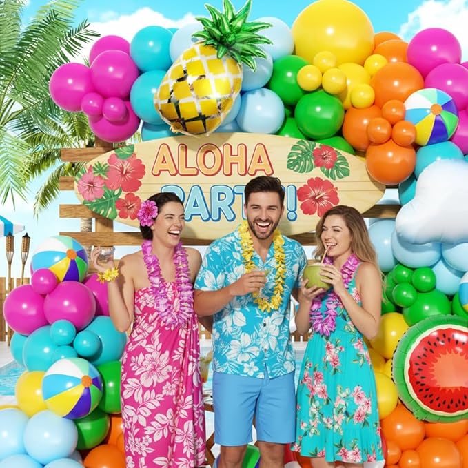 Tropical Hawaiian Balloon Garland Arch Kit 160Pcs, Summer Beach Pool Balloons Arch Kit with Beach Ball Pineapple for Birthday Hawaiian Luau Pool Beach Party Baby Shower Coconut Party Decor