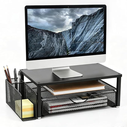Spacrea Desk Organizer and Accessories, Computer Monitor Stand Riser with Drawer and 1 Open Pen Holder, Printer & Laptop Stand, Office Desk Accessories for Home Office Supplies (Black)