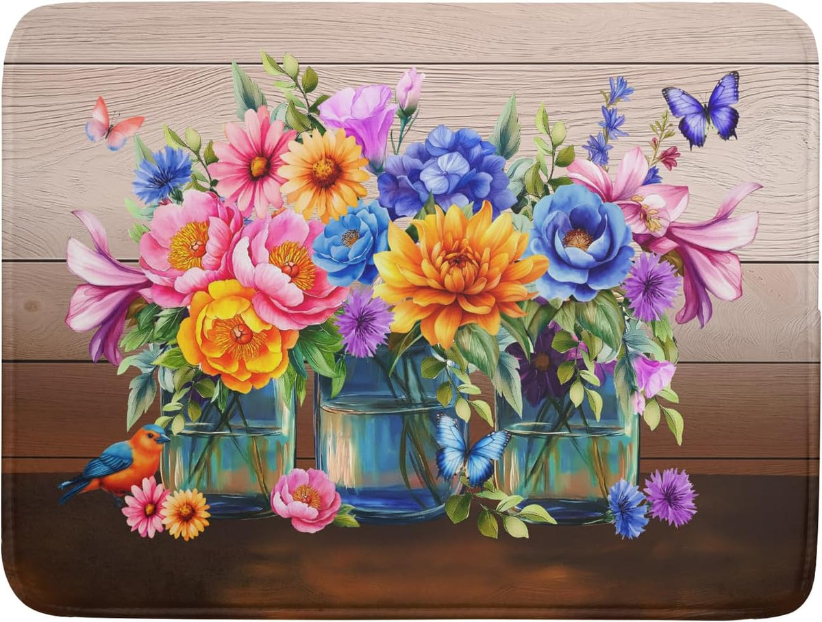 Spring Flowers Dish Drying Mat for Kitchen Counter 18x24in Vintage Plants Colorful Floral Kitchen Drying Mat Soft Absorbent Microfiber Farmhouse
