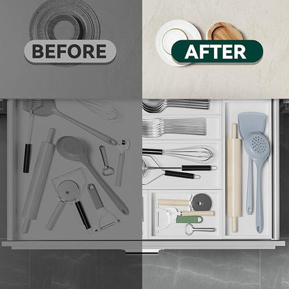 Lixple Bamboo Drawer Organizer, Extra Large Silverware Organizer for Kitchen Drawer, Stackable Utensil Organizer, 2 Pcs Toilet Tank Topper Tray, Wooden Toilet Paper Basket (White, 17 X 6 X 2 Inch)