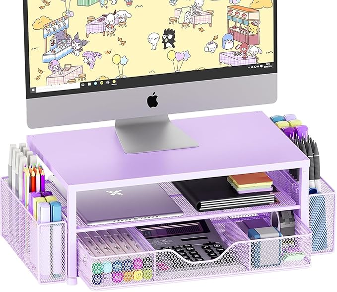 OPNICE Desk Organizers and Accessories, 2-Tier Computer Monitor Stand Riser with Drawer and 2 Pen Holders, Laptop Stand, Office Desk Accessories & Office Decor for Women, Purple