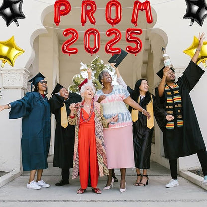 Prom 2026 Balloons Decorations, 16 Inch Foil Letter Number Balloons with 18 Inch Black Red Star Balloons for High School College Graduation Gift Retirement Ins Photo Party Supplies