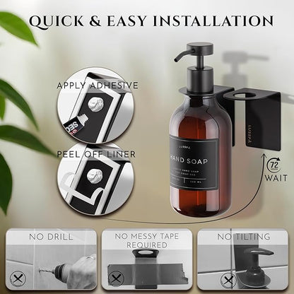 Shower Shampoo Dispenser Wall Mounted – Refillable 16.9 oz Amber Bottle with Stainless Steel Pump & No-Drill Adhesive Holder – Soap Dispenser for Bathroom (1 X Amber/Black)