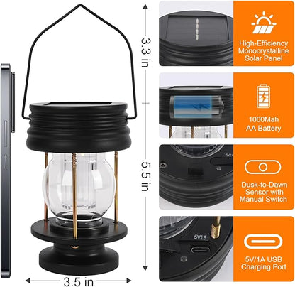 Solar Lanterns Outdoor Hanging Lights Patio Decor, Upgraded Dual Solar & USB Charging, Adjustable Light Sensor, Retro Decorative Table Lamp Waterproof, Indoor Outdoor Garden Patio Yard Decoration