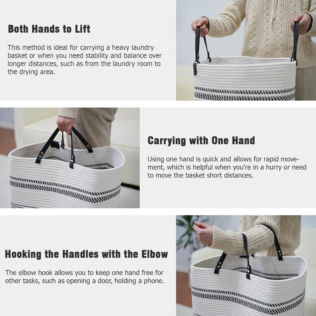 danpinera 100L Nursery Hamper, Tall Woven Laundry Basket with Long Leather Handles, Boho Laundry Hamper for Living Room & Bedroom, Eco-friendly & Convenient Decorative Storage Basket, White & Black