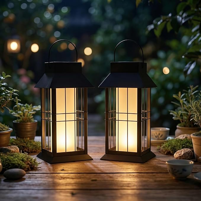 Solar Hanging Lantern Outdoor Waterproof,Black Heavy Duty Metal Solar Powered Hanging or Table Lamp for Patio, Garden, Yard, Porch - Decorative Warm White Lights