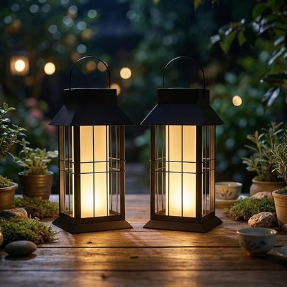 Solar Hanging Lantern Outdoor Waterproof,Black Heavy Duty Metal Solar Powered Hanging or Table Lamp for Patio, Garden, Yard, Porch - Decorative Warm White Lights