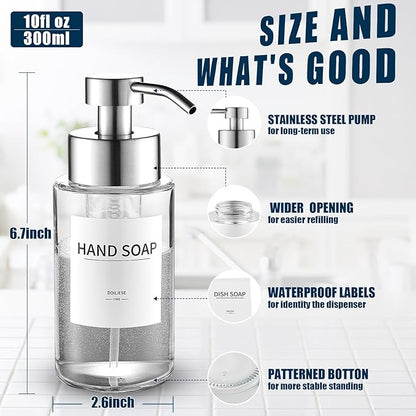 Glass Foaming Hand Soap Dispenser, 10 oz Easy Refill Glass Soap Dispenser, Foam Dispenser with Stainless Steel Pump & Waterproof Labels, Clear Foam Soap Bottle for Bathroom Countertop