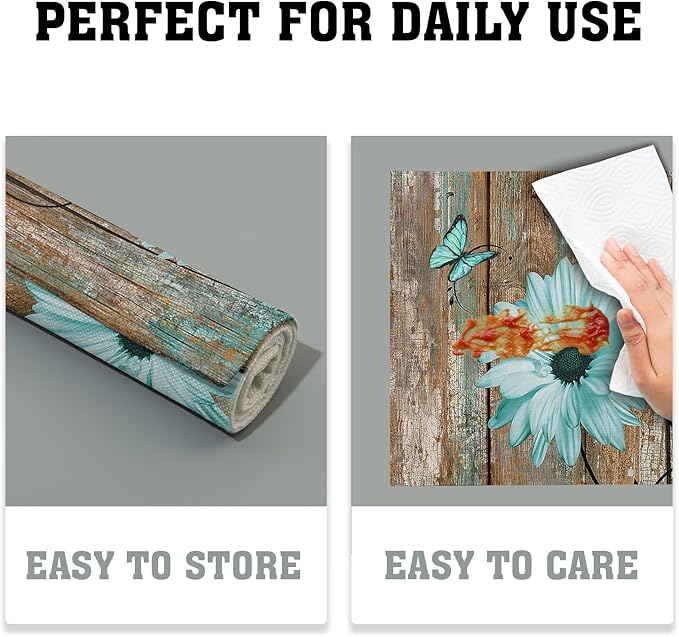 Giwawa Rustic Daisy Placemats Set of 4- Teal Sunflowers on Vintage Wood Board Linen Place Mat- Farmhouse Wooden Non Slip Heat Resistant Table Mats for Dining Kitchen Cabin Lodge Decor