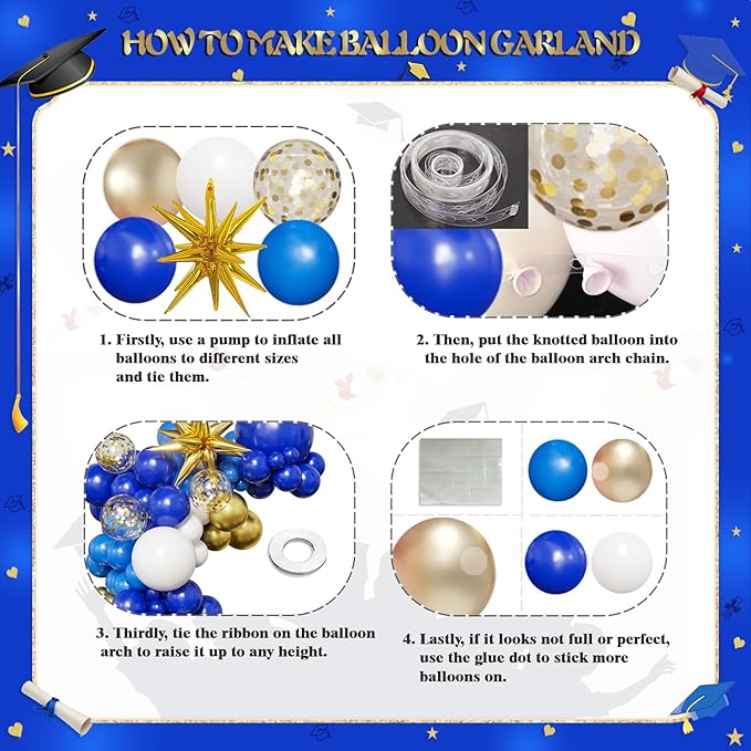 Blue White Gold Balloon Arch Kit Graduation Decorations 2026, 130Pcs Blue and White Balloons and Foil Star Balloon with Confetti Ribbons Grad Party Decorations for College High School Class of 2026