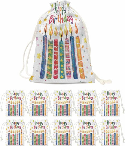 Victoroes Happy Birthday Drawstring Gift Bags 10 Pieces, 5" x 7" Small Colorful Star Candles Gift Bag Reusable Fabric Wrap Bags for Wedding Party Birthday Christmas Seasonal Holiday