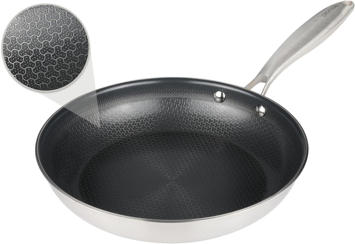 Stainless Steel Nonstick Frying Pan, Hybrid Ceramic 10-Inch Frying Pan, Stay-Cool Handle, PFAS & PFOA PTFE Free, Dishwasher & Oven Safe, Scratch-Resistant, Compatible with Induction & All Cooktops