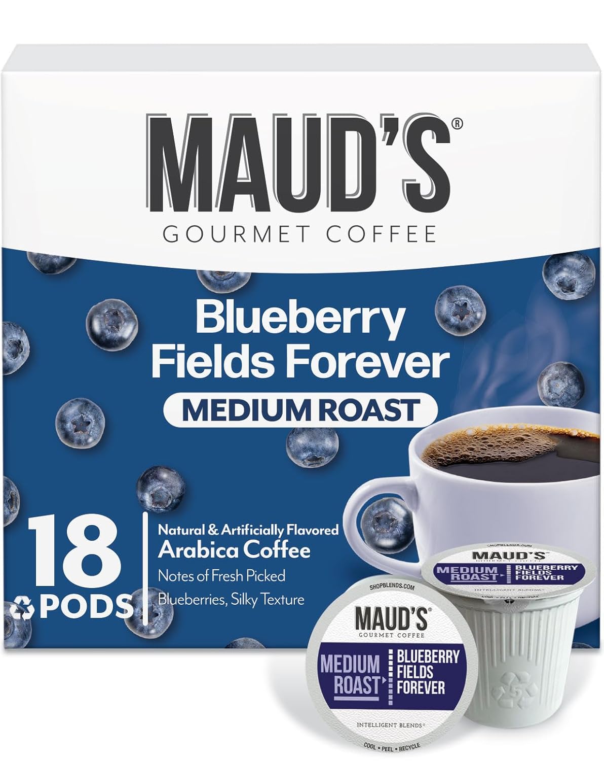 Maud's Blueberry Flavored Coffee Pods, 18 ct, Medium Roast Flavored Coffee in Recyclable Single Serve Pods – 100% Arabica Beans